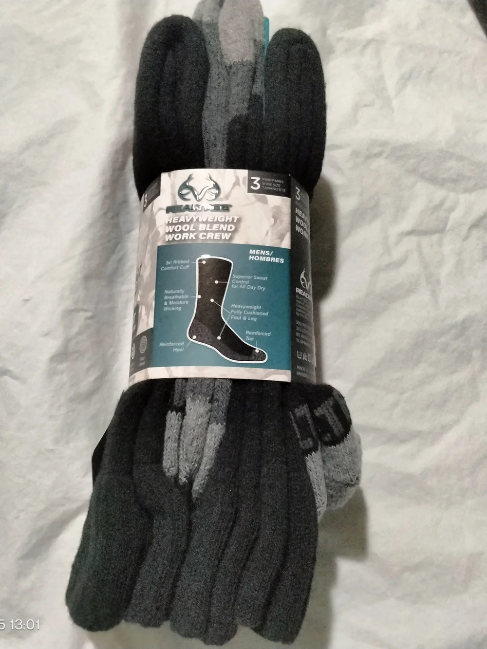 Realtree Men's Heavyweight Wool Blend Work Crew Socks 6(3x2) Pair Pack Moisture